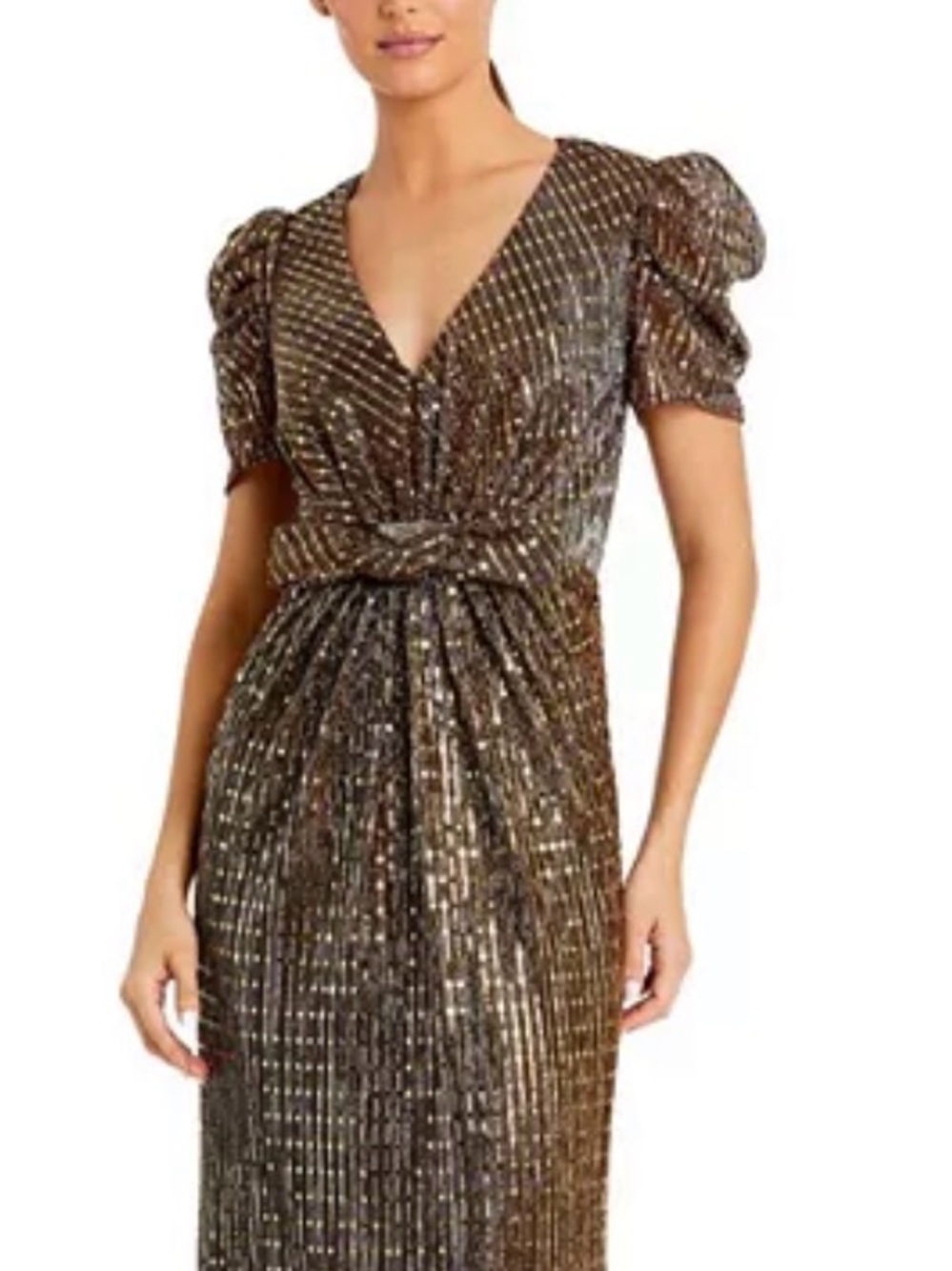 Mac Duggal Brown and Metallic Striped Evening Dress